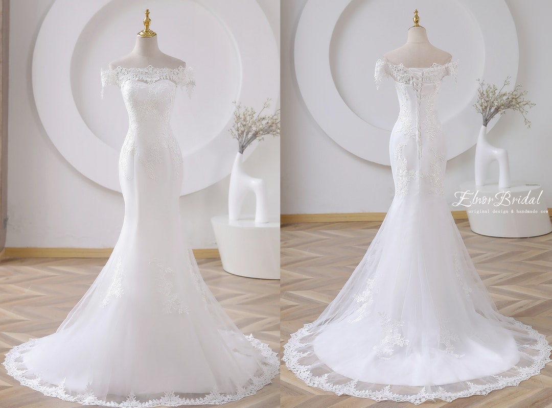 Vintage Mermaid Off Shoulder Wedding Dress White Wedding Dress C303