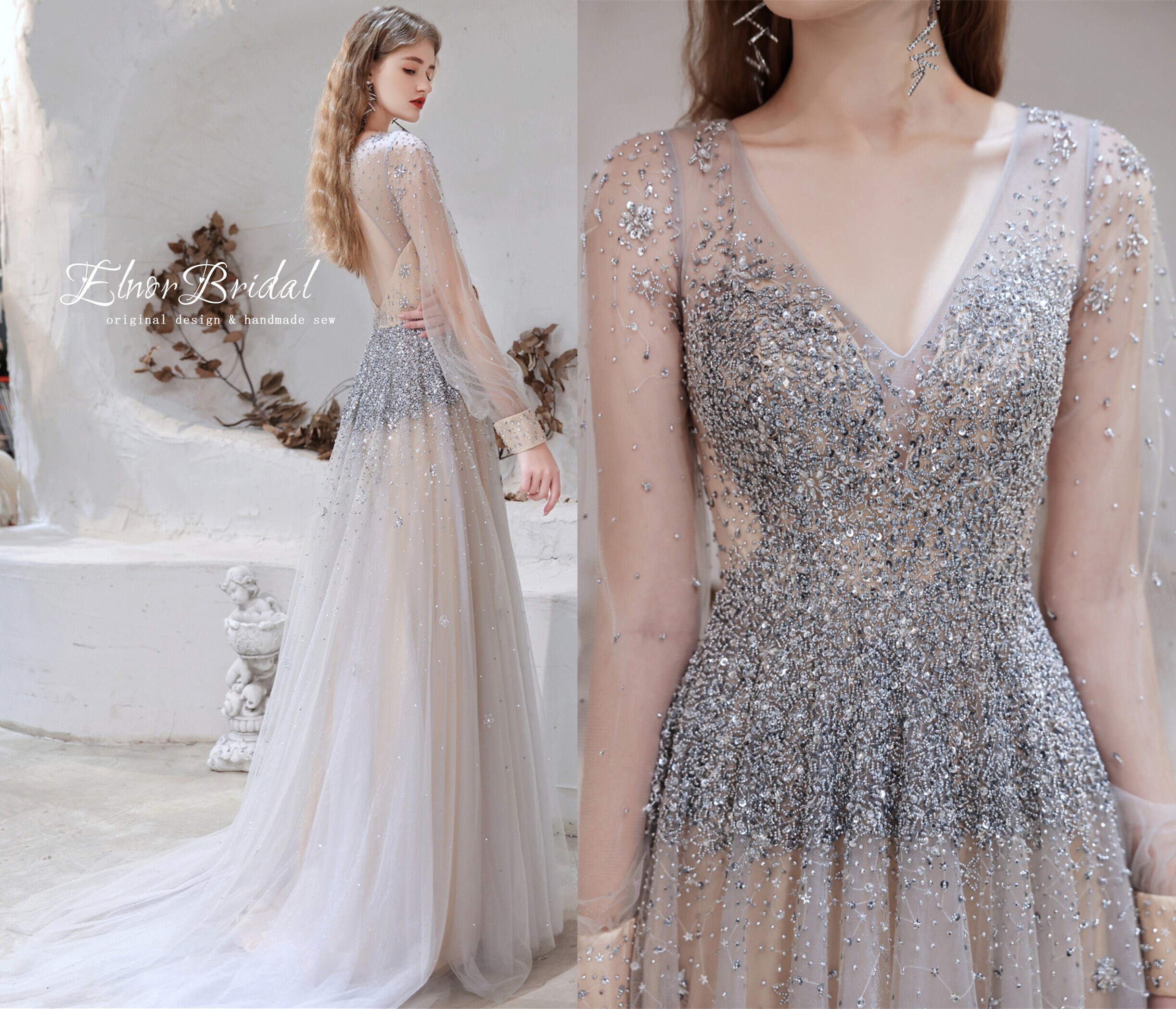 Luxury Long Sleeves A Line Prom Dresses Fairysparkly Beaded Etsy
