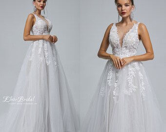 Vestidos de novia de encaje brillante de cuentas de una línea, vestidos de novia transparentes de cuello en V profunda sexy, tren de barrido hecho a mano vestido de novia de espalda abierta