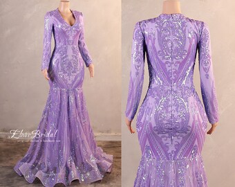 Vintage Lavender Long Sleeves Prom Dresses,V Neck Mermaid Evening Gowns,Sequins Lace Bridal Wedding Dress,Formal Women Party Dress