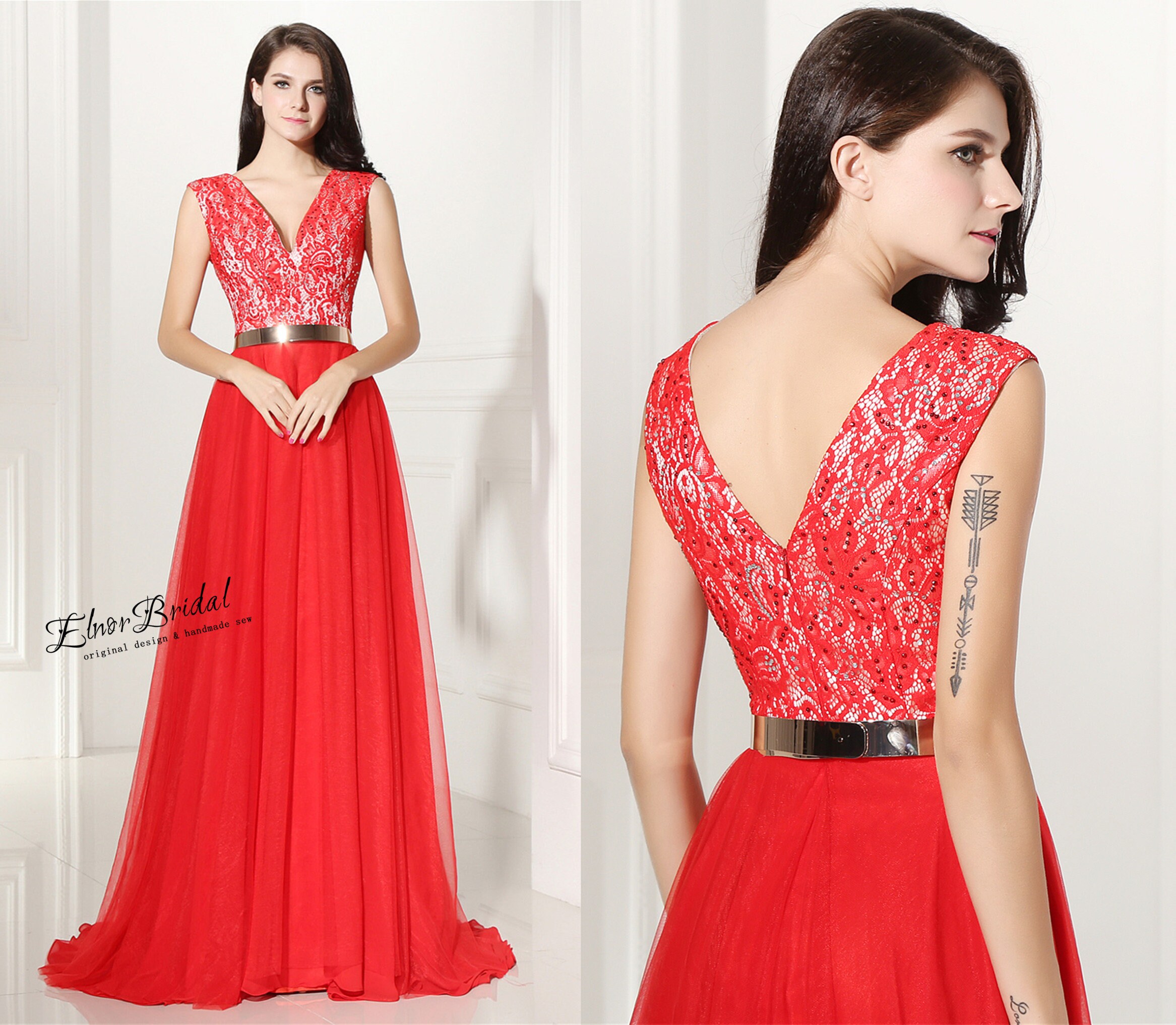 Modest Red Lace Prom Dresses Fairya Line Gold Belt Prom Dress Etsy