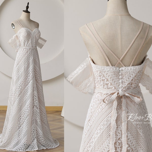 Vintage Boho Wedding Dresses 2024,Elegant Lace A Line Bridal Dresses,Off The Shoulder Spaghetti Straps Wedding Gowns,Lace Bridal Gowns