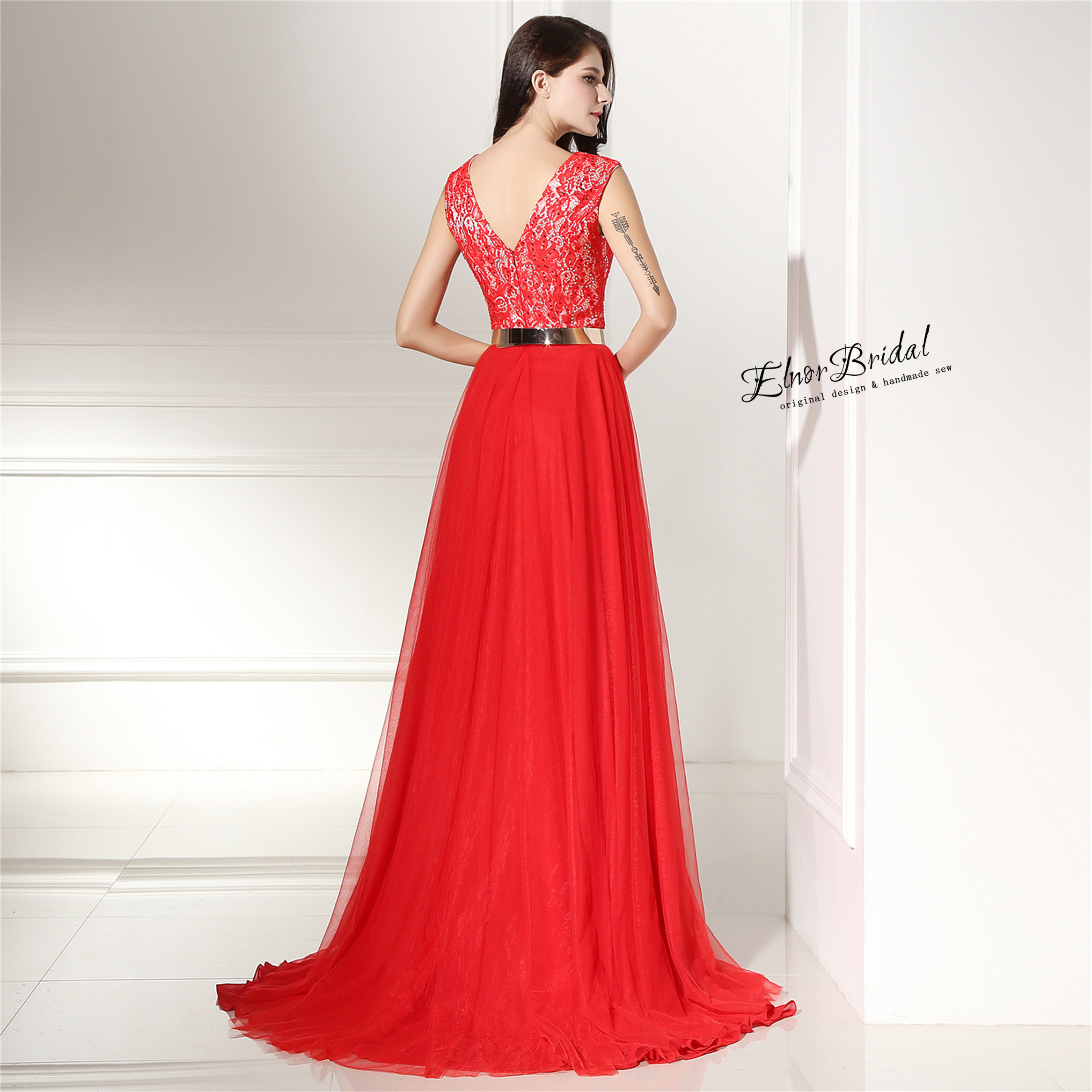 Modest Red Lace Prom Dresses Fairya Line Gold Belt Prom Dress Etsy