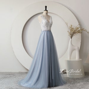 Light Blue A Line Tulle Lace Wedding Dresses,Customize V Neck Summer Beach Bridal Dresses,Beaded Tulle Wedding Dress With Ribbon