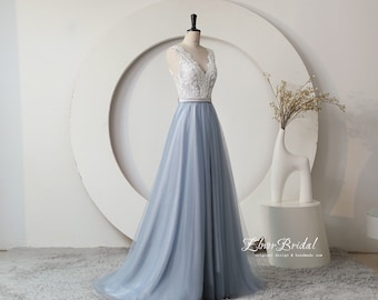 Light Blue A Line Tulle Lace Wedding Dresses,Customize V Neck Summer Beach Bridal Dresses,Beaded Tulle Wedding Dress With Ribbon