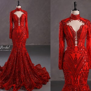 Elegant Red Lace Mermaid Prom Dresses,High Neck Long Sleeve Evening Dress,Sequins Lace Formal Women Party Gowns,Wedding Bridal Dresses
