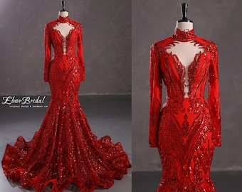 Elegant Red Lace Mermaid Prom Dresses,High Neck Long Sleeve Evening Dress,Sequins Lace Formal Women Party Gowns,Wedding Bridal Dresses