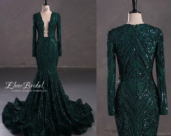 Dark Green Mermaid Evening Dresses,Sequins Lace Long Sleeves Prom Dress,Sexy Deep V Neck Formal Women Party Gowns,Wedding Bridal Dresses