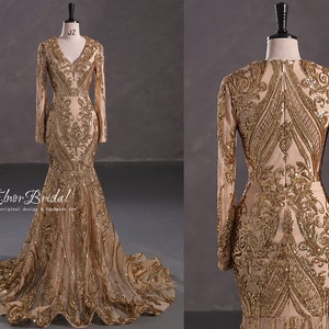 Arabic Light Gold Mermaid Prom Dresses,Sequins Lace Long Sleeve Evening Dress,V Neck Formal Women Party Gowns,Wedding Bridal Dresses