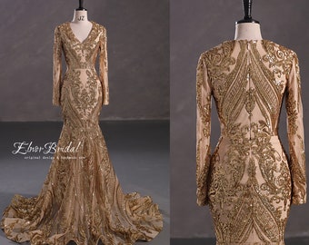 Arabic Light Gold Mermaid Prom Dresses,Sequins Lace Long Sleeve Evening Dress,V Neck Formal Women Party Gowns,Wedding Bridal Dresses