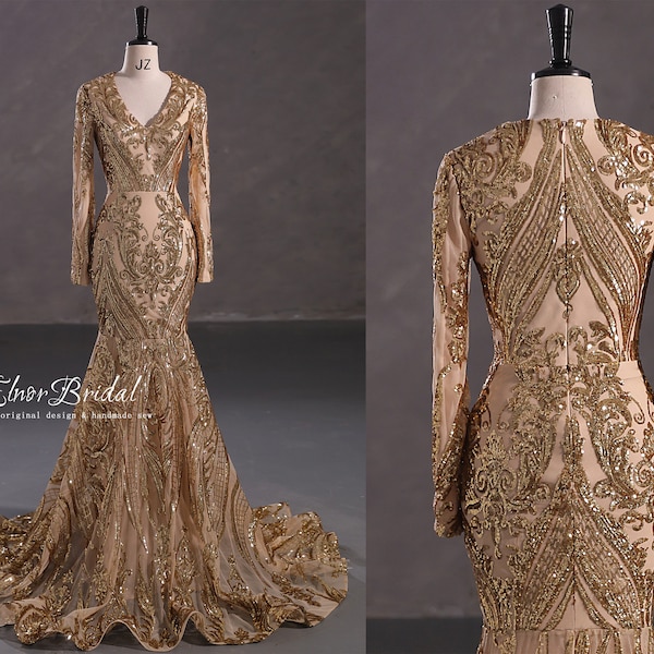 Arabic Light Gold Mermaid Prom Dresses,Sequins Lace Long Sleeve Evening Dress,V Neck Formal Women Party Gowns,Wedding Bridal Dresses