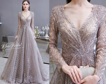 Vintage Long Sleeves Lace Evening Dresses,A Line Long Prom Dress Fairy,Formal Women Wedding Guest Dress,V Neck Girls Imported Party Dresses