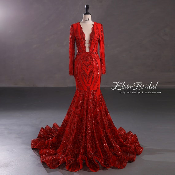 Vintage Red Mermaid Prom Dress,long Sleeves Prom Dresses 2022