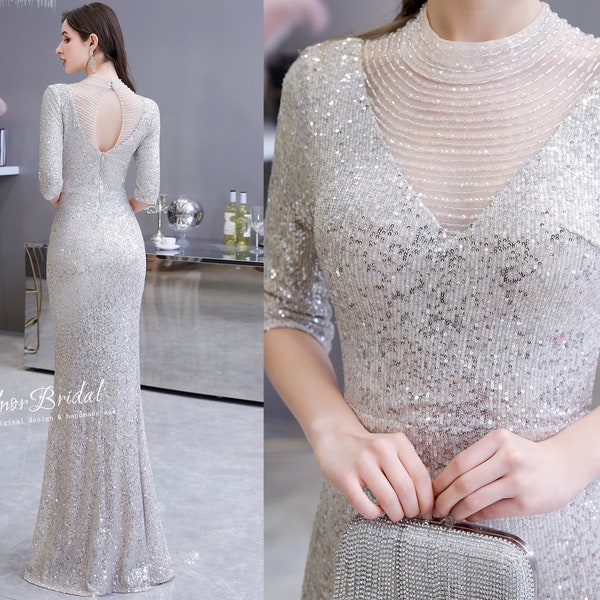 Modest Silver Sequins Mermaid Prom Dresses,Formal Women Evening Gowns With Sleeves,Wedding Guest Dresses,Girls Sweet 16 Event Party Dress
