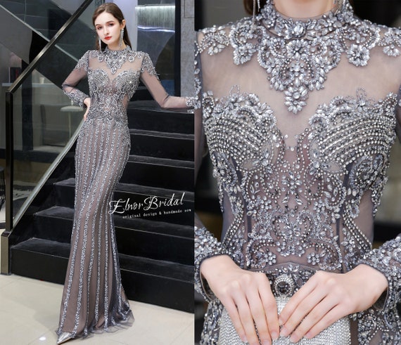 Chic V-neck Sparkle Beads Appliques Prom Dresses Long Sleeves Alluring –  Ballbella