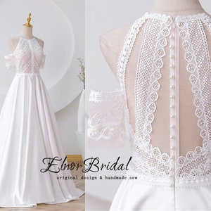 Bohemian Lace Wedding Dresses,Boho A Line Wedding Dress,Off The Shoulder Wedding Gowns For Women,Sheer Illusion Back Wedding Dress 2024