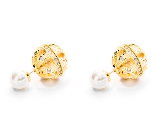 Shambhala Gold Double Ball Earring/Double Pearl Earring Gold/Double Sided Earring Gold/Front Back Earring/Two Ball Earring/Gold Ball Earring