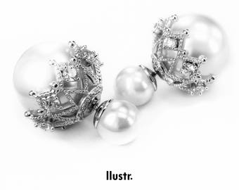 Sales!Double Pearl Earring With Crown/Double Sided Earring For Her/Front Back Earring/Double Ball Earring/Pearl Stud Earring/Dior Earring