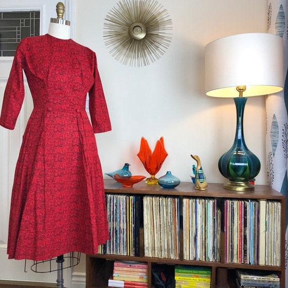 Vintage 1950s red LANZ full skirt dress with city… - image 1