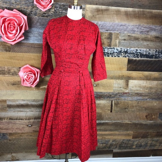 Vintage 1950s red LANZ full skirt dress with city… - image 2