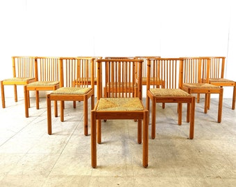 Skandinavische Kiefernholz und Korb Esszimmerstühle, 10er Set, 1970er Jahre - Vintage Esszimmerstühle - Kiefernholz Esszimmerstühle - Korbwaren