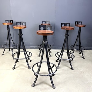 Vintage brutalist wrought iron bar stools, 1970s - set of 6 - mid century bar stools - metal bar stools - wooden bar stools