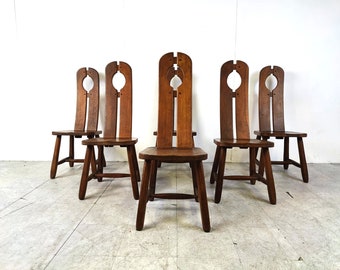 Vintage-Esszimmerstühle von Depuydt, Belgien, 6er-Set – 1960er Jahre – brutalistische Esszimmerstühle – Eichenstühle mit hoher Rückenlehne – brutalistisches Design