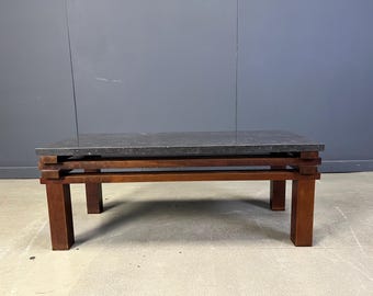 Vintage wooden and stone top coffee table, 1970s - vintage belgian coffee table - vintage design coffee table - stone coffee table