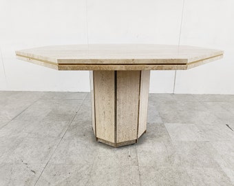 Octogonal italian travertine and brass dining table 1970s - italian stone dining table - octogonal dining table - marble table