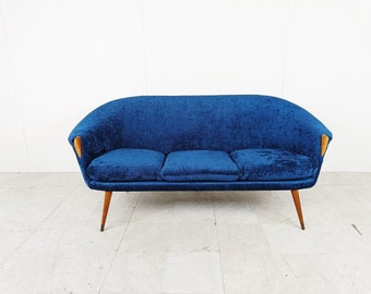 Mid century sofa attributed to Nanna Ditzel, 1950s - vintage sofa - blue fabric sofa - vintage design sofa - vintage two seater sofa