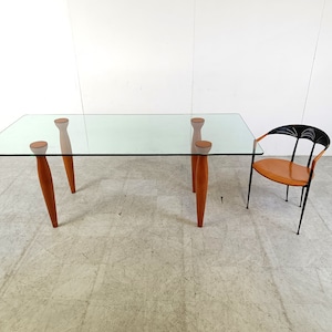 Vintage italian glass and wooden dining table, 1990s - design dinner table - vintage glass dining table - vintage design table