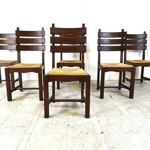 Vintage oak and wicker brutalist dining chairs, 1960s - brutalist dining chairs - vintage dining chairs - oak dining chairs