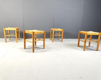 Vintage wicker stools - set of 4, 1960s - vintage wooden stools - brutalist stools - wicker stools - vintage stools