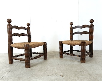 French Vintage Oak & Rush Low Chair: Charles Dudouyt Style