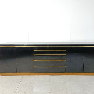 Brass and lacquer sideboard by Jean Claude Mahey, 1970s - hollywood regency credenza - vintage credenza - black lacquer credenza