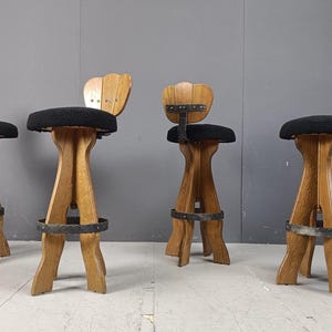 Set of 4 vintage brutalist bar stools, 1960s - mid century bar stools - rustic bar stools - wooden bar stools
