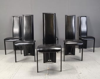 Vintage black leather high back dining chairs, set of 6, 1980s - vintage italian dining chairs - high back dining chairs