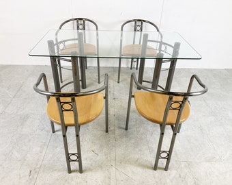 Post modern dining chairs and table, 1980s - vintage brass dining chairs - vintage dining table - glass dining table - dining chairs
