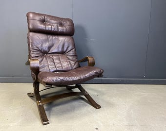 Vintage scandinavian leather and bentwood armchair, 1970s  - vintage leather lounge chair - mid century modern lounge chair - norwegian