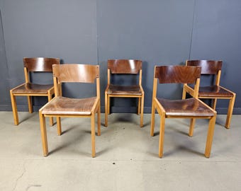 Mid-Century Sven Markelius Style Brown and Birch Stacking Chairs set of 5  - vintage dining chairs - stackable dining chairs