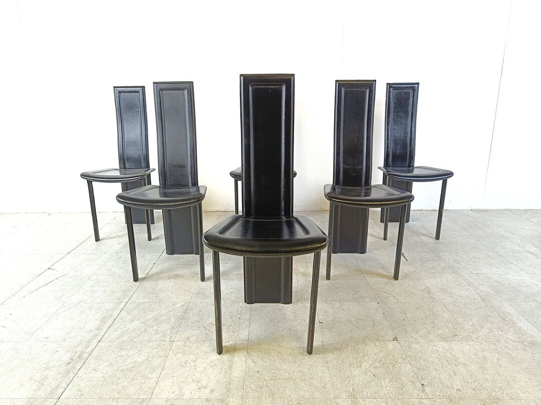 Vintage Black Leather Dining Chairs, Set of 6, 1980s Vintage Italian ...