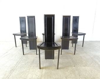 Vintage-Esszimmerstühle aus schwarzem Leder, 6er-Set, 1980er Jahre – italienische Vintage-Esszimmerstühle – Esszimmerstühle mit hoher Rückenlehne