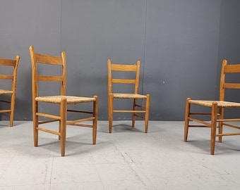 Mid century oak and wicker dining chairs, set of 4 - 1970s - vintage wooden dining chairs - rustic dining chairs - scandinavian chairs
