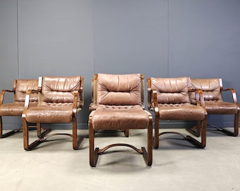 Vintage Asko Pajamies Finland Leather Plywood chairs, set of 6 - 1970s - Home Office Desk Wooden Retro Chairs - armchairs - scandinavian