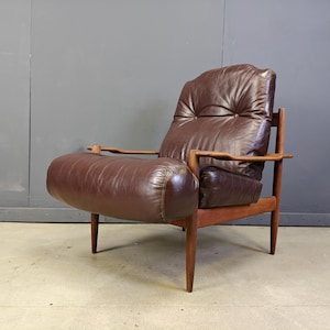 Vintage Scandinavian armchair, 1960s - mid century teak wooden armchair - brown leather armchair - vintage armchair
