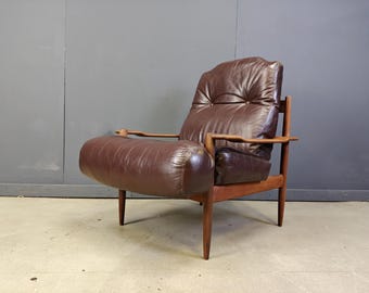 Poltrona scandinava vintage, anni '60 - poltrona in legno di teak di metà secolo - poltrona in pelle marrone - poltrona vintage