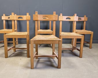 Sillas brutalistas vintage de roble y mimbre, década de 1960 - juego de 6 - sillas auxiliares vintage - sillas de comedor de madera - sillas brutalistas españolas