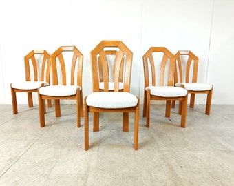 Set of 6 brutalist oak dining chairs, 1970s - vintage wooden dining chairs - oak dinner chairs - bouclé dining chairs