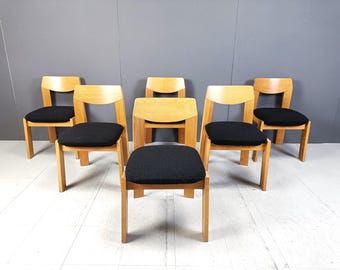 Vintage brutalist dining chairs, set of 6 - 1970s - vintage wooden chairs- brutalist chairs- mid century dining chairs - vintage chairs