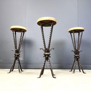 Vintage french wrought iron bar stools, 1960s - set of 3 - mid century bar stools - metal bar stools - wooden bar stools